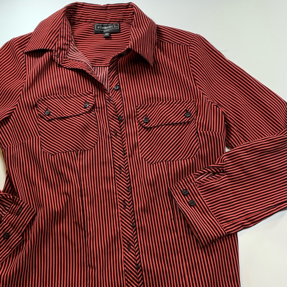 Elementz | Stripped Button Down Shirt Petite Black and Red Deep Burnt Orange - Picture 3 of 9
